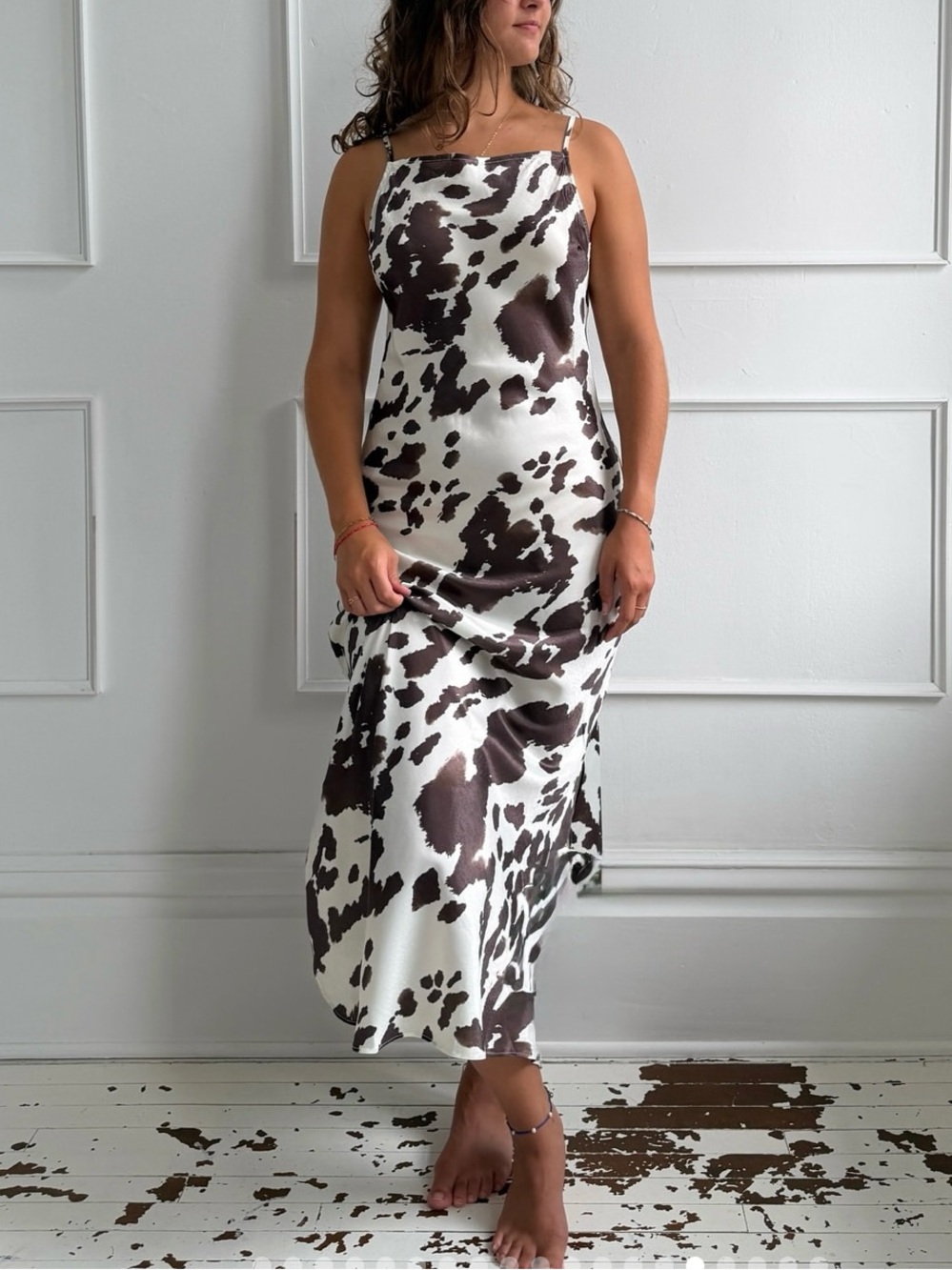 Satin Midi Slip Dress in White and Brown Cow Print size L